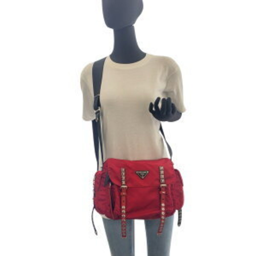 Prada Black Nylon Triangular Tessuto Red Studs Cr… - image 4